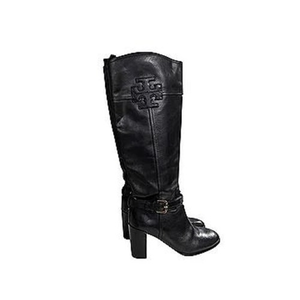 Tory‎ Burch Black Leather Knee High Boots Side Zip Buckle Detail Size 8.5M